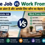 Remote Job vs Work From Home का अंतर दिखाती तुलना, जिसमें Salary, Flexibility, Companies और Freshers के लिए बेहतर विकल्प समझाया गया है।