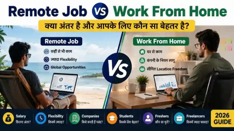 Remote Job vs Work From Home का अंतर दिखाती तुलना, जिसमें Salary, Flexibility, Companies और Freshers के लिए बेहतर विकल्प समझाया गया है।