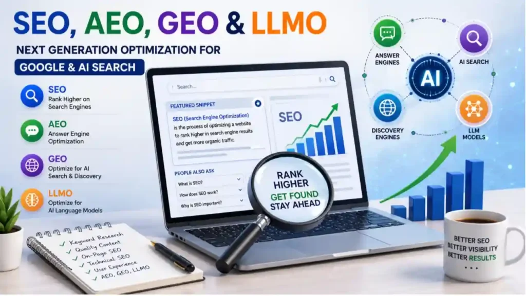 SEO AEO GEO LLMO Guide in Hindi – Google और AI Search में Blog Ranking बढ़ाना